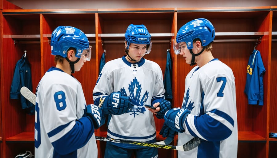 Young hockey players and a coach discussing online gambling risks while examining a smartphone in a locker room.