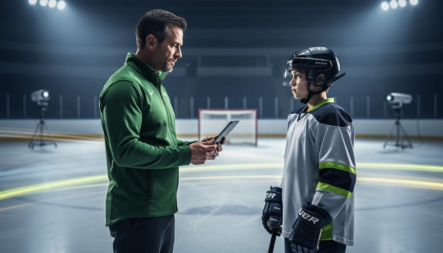 Hockey coach in a green jacket consults with a youth player at rinkside while holding a tablet with the screen turned away; soft motion streaks on the ice suggest analysis, with blurred goal and boards behind; no visible logos or text.