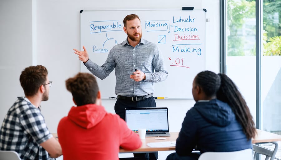 Hockey coach conducting educational session with youth team using whiteboard