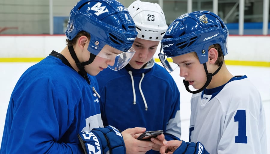 Youth hockey team gathered around smartphone while coach watches with concern