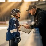 Hockey coach with clipboard mentoring a young player rinkside in an empty arena