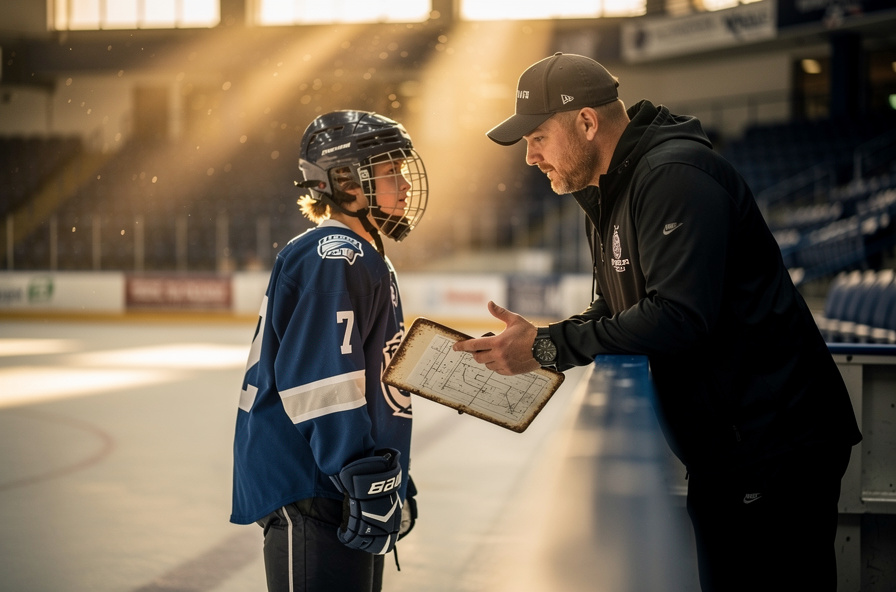 Hockey coach with clipboard mentoring a young player rinkside in an empty arena