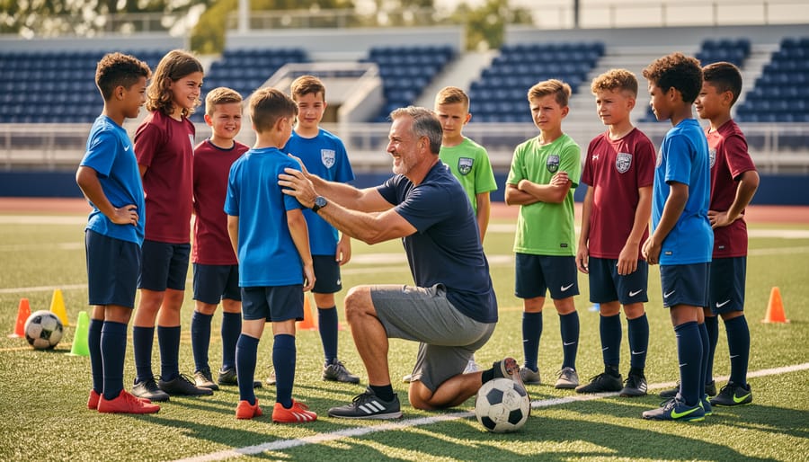 Hockey coach having supportive conversation with young player during practice