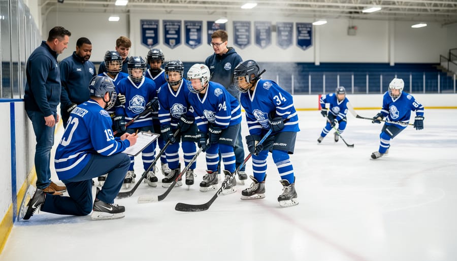 Young hockey players practicing skating drills during junior team training session
