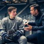 Coach kneels to counsel a teenage hockey player on the bench inside an ice rink, with steep tiered seating ascending behind them and blurred skaters in the distance under cool blue arena lighting.