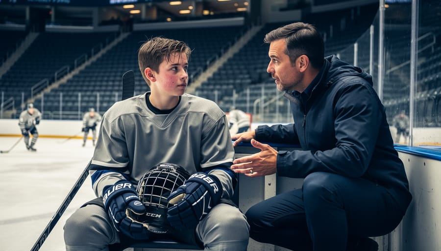 Coach kneels to counsel a teenage hockey player on the bench inside an ice rink, with steep tiered seating ascending behind them and blurred skaters in the distance under cool blue arena lighting.