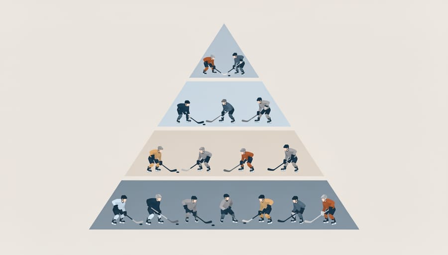 Youth hockey players in equipment arranged in pyramid formation showing different levels of competitive hockey