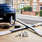 House keys on a house-shaped keyring next to a child’s hockey helmet, puck, and crossed sticks on a wooden table by a window, with a blurred UK brick terraced street and hedges outside in soft daylight.