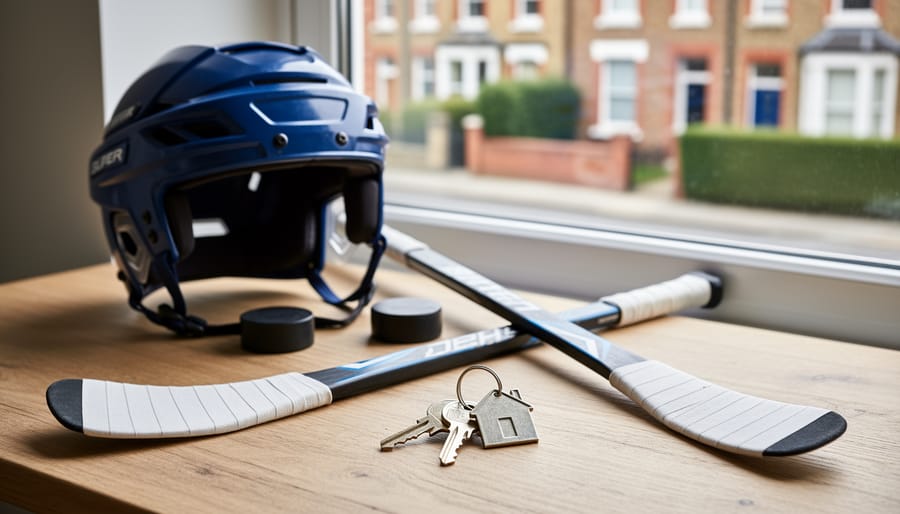 House keys on a house-shaped keyring next to a child’s hockey helmet, puck, and crossed sticks on a wooden table by a window, with a blurred UK brick terraced street and hedges outside in soft daylight.
