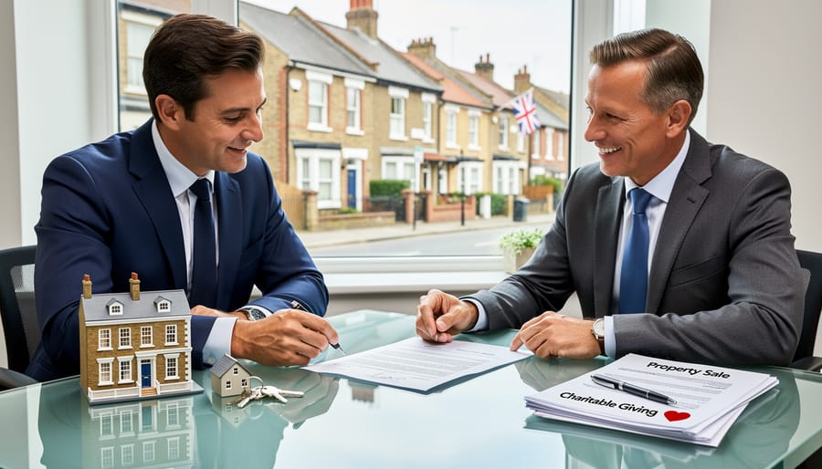 British townhouse with sold sign representing completed property sale