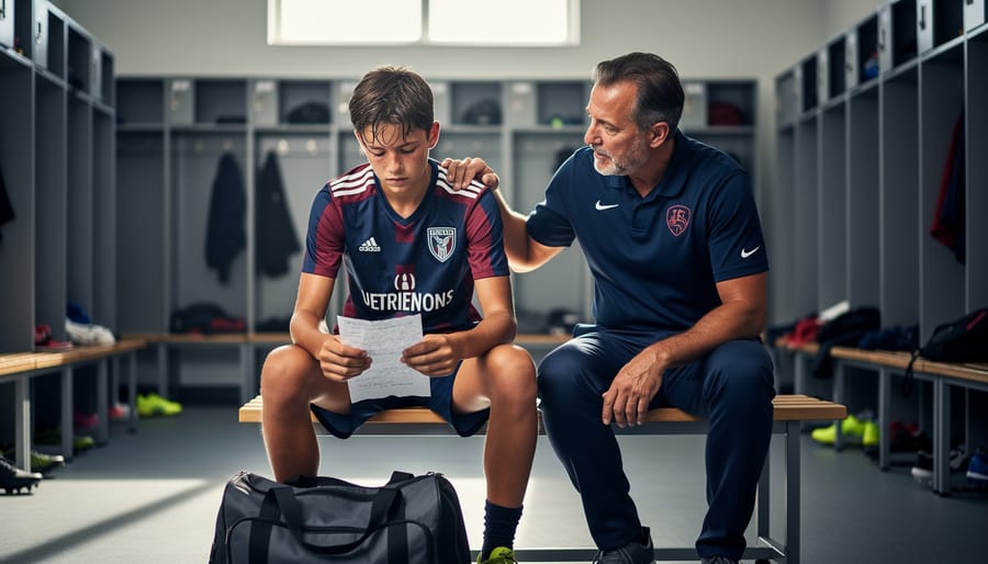Youth hockey player sitting alone on bench in locker room appearing disappointed