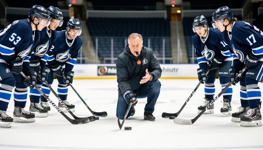 An adult hockey coach instructs young players on center ice during a practice or pre-game session.