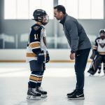 Coach and junior hockey player standing on an indoor rink with attentive body language, highlighting leadership and development in the sport.