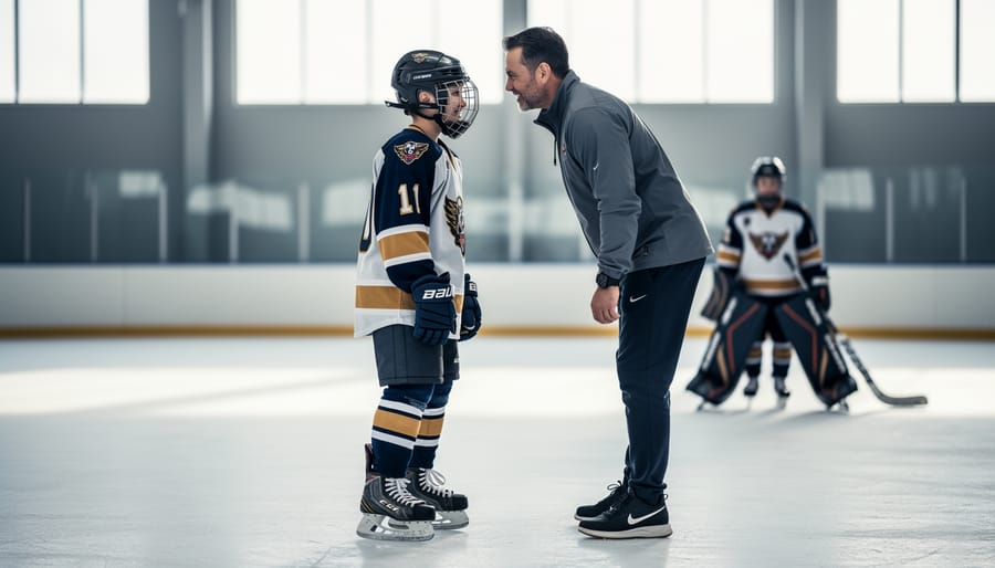 Coach and junior hockey player standing on an indoor rink with attentive body language, highlighting leadership and development in the sport.