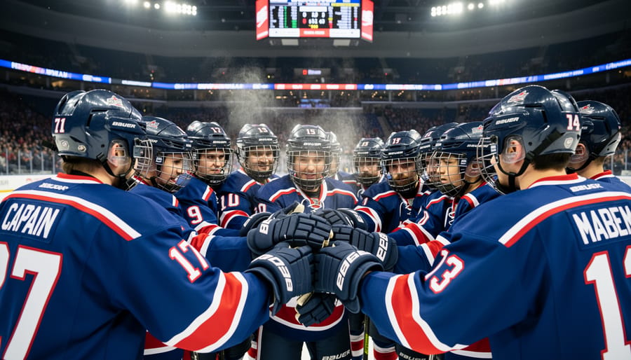 Junior hockey players stand together on an ice rink before a championship game.