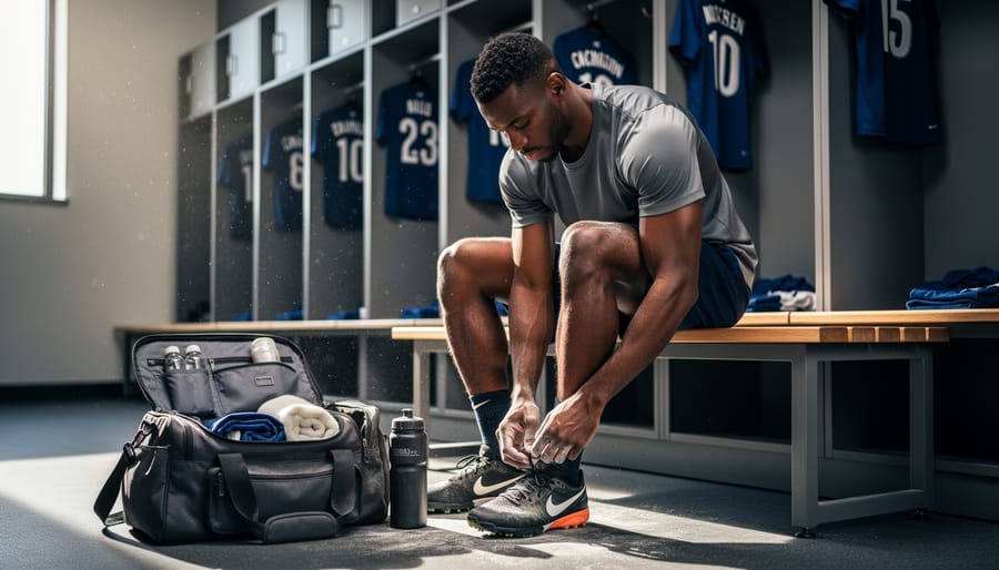 Close-up of a young hockey player tying skate laces at the rink.