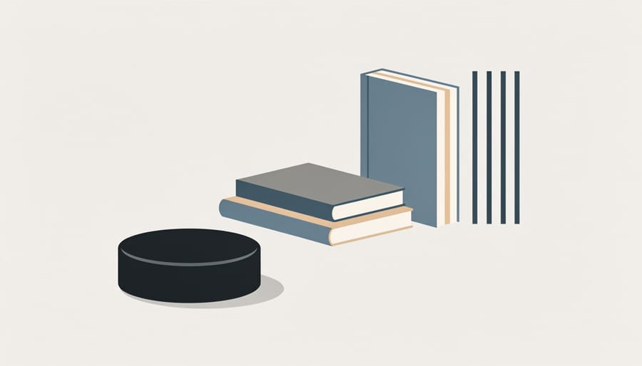 A hockey puck on a wooden floor next to a notebook and pencil in a gym setting.
