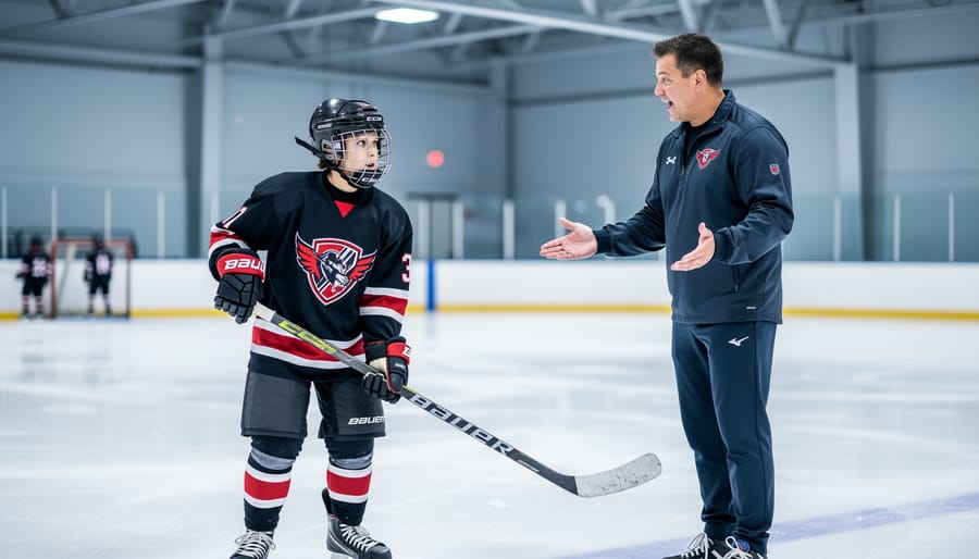 Youth hockey player in full gear standing on an indoor ice rink with a coach offering encouragement, with a blurred team setting in the background.
