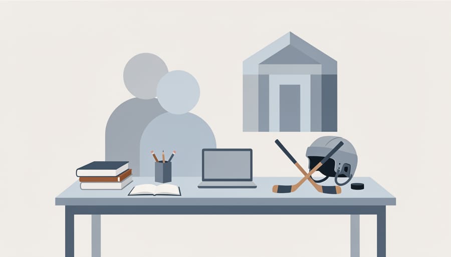 Open notebook and hockey stick on a desk, with a youth jersey nearby, symbolizing balancing hockey and academics.