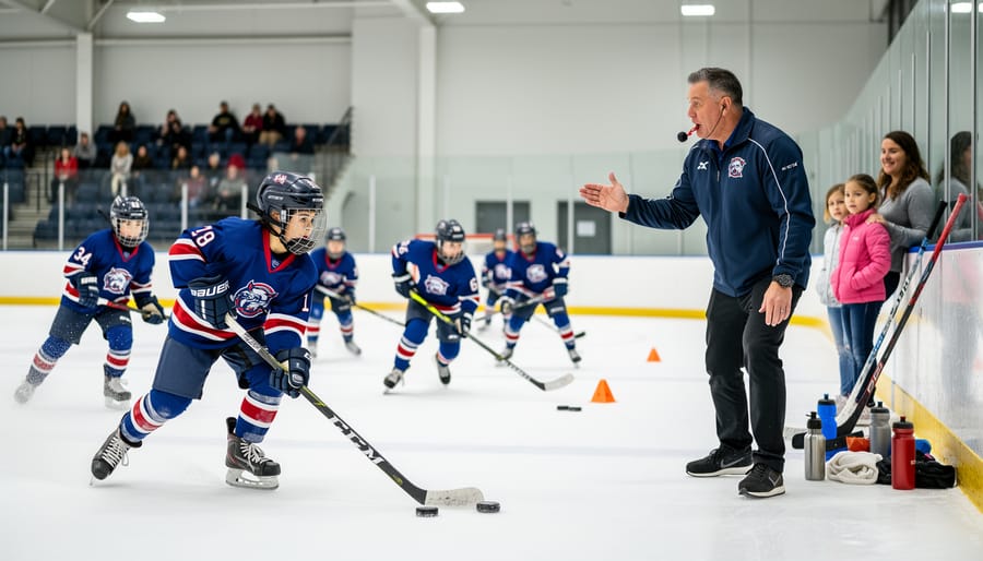 Teen hockey player skating at an indoor rink while a coach and teammates wait nearby, representing youth hockey culture in Markham.