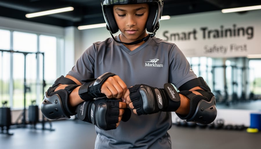 Youth hockey player fastening shin pads and skate boots in a locker room setting before practice.