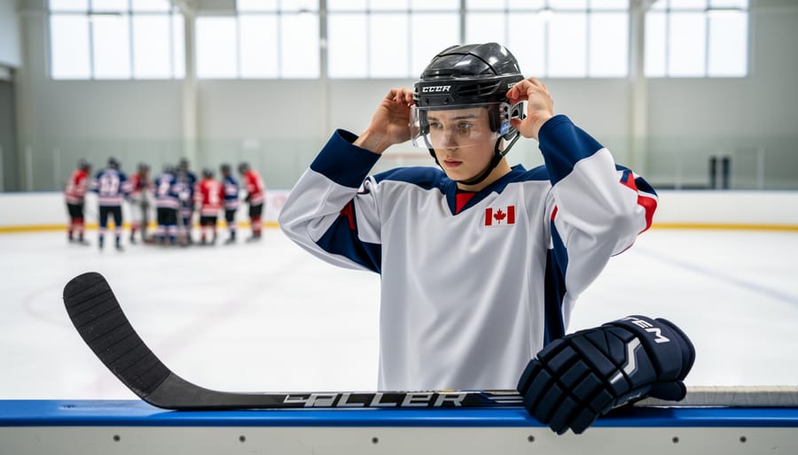 Young Canadian junior hockey player adjusting his helmet at an indoor rink, with hockey gear and blurred teammates in the background.