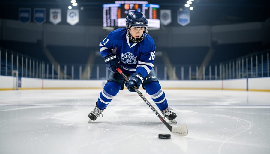 Junior hockey player in full gear taking a shot during practice on an ice rink