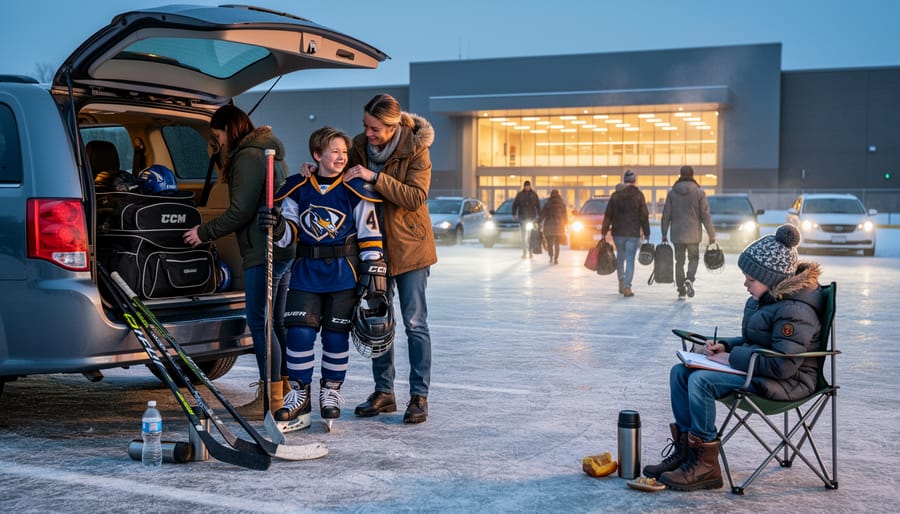 Family loading hockey equipment into a car trunk at dusk with parents and a sibling helping.