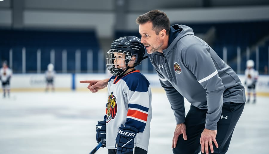 Youth hockey coach guiding a young player on an indoor ice rink, illustrating mental performance support in youth sports.