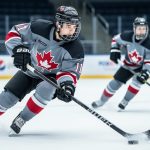 Junior ice hockey player in Canadian team gear taking a shot on an indoor rink during a championship-style moment