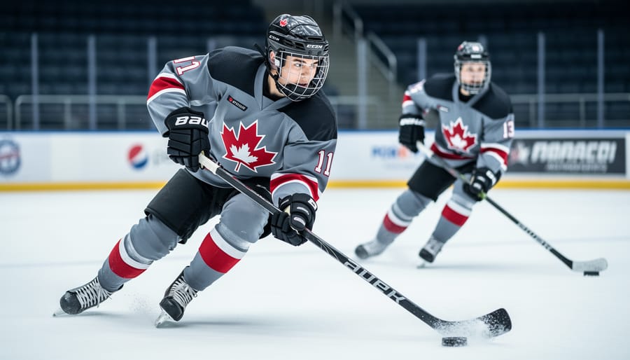 Junior ice hockey player in Canadian team gear taking a shot on an indoor rink during a championship-style moment