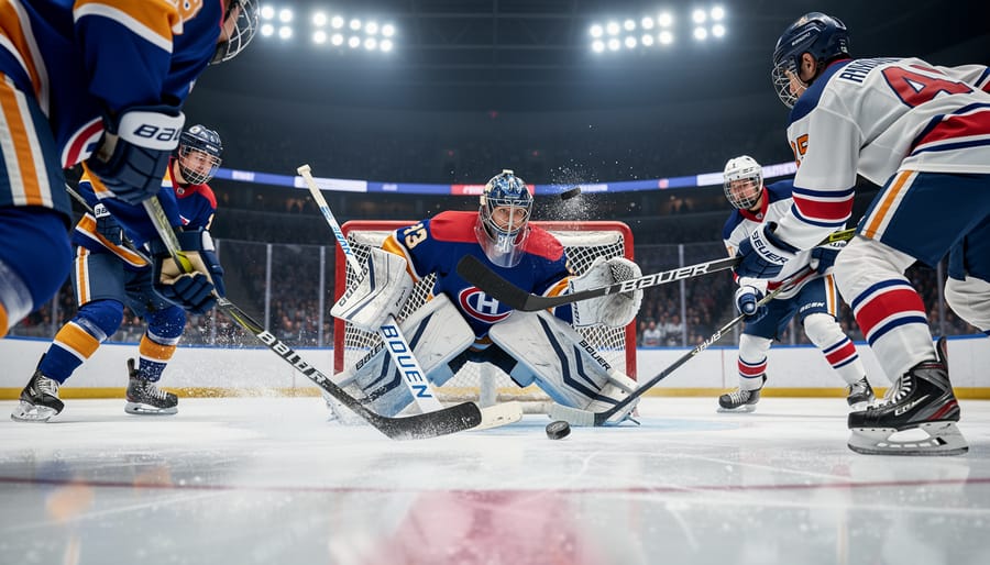 Young junior hockey goalie makes a save on an ice rink during practice or a game.