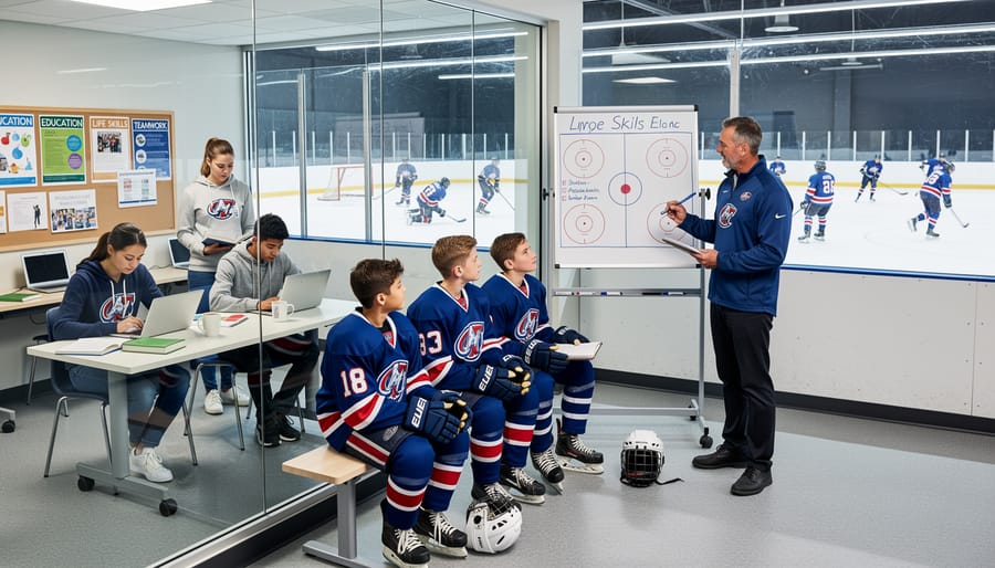 Junior hockey player holding a helmet and a notebook near hockey equipment