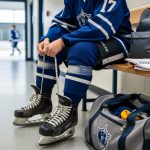 Junior hockey player lacing skates with a backpack and notebook beside team gear in an indoor arena hallway, representing balancing practice, school, and family life.
