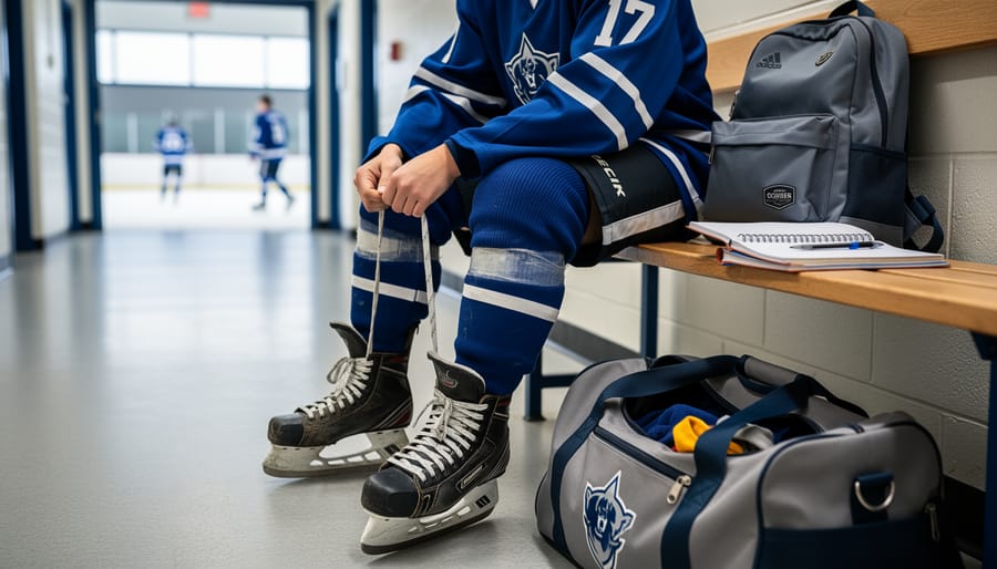 Junior hockey player lacing skates with a backpack and notebook beside team gear in an indoor arena hallway, representing balancing practice, school, and family life.