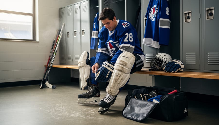 Junior hockey player tying skate laces in a rink corridor beside a hockey stick.