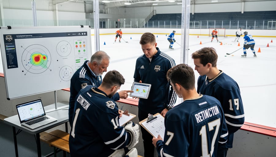 Coach and mentor review training materials near an ice rink bench with players blurred in the background.