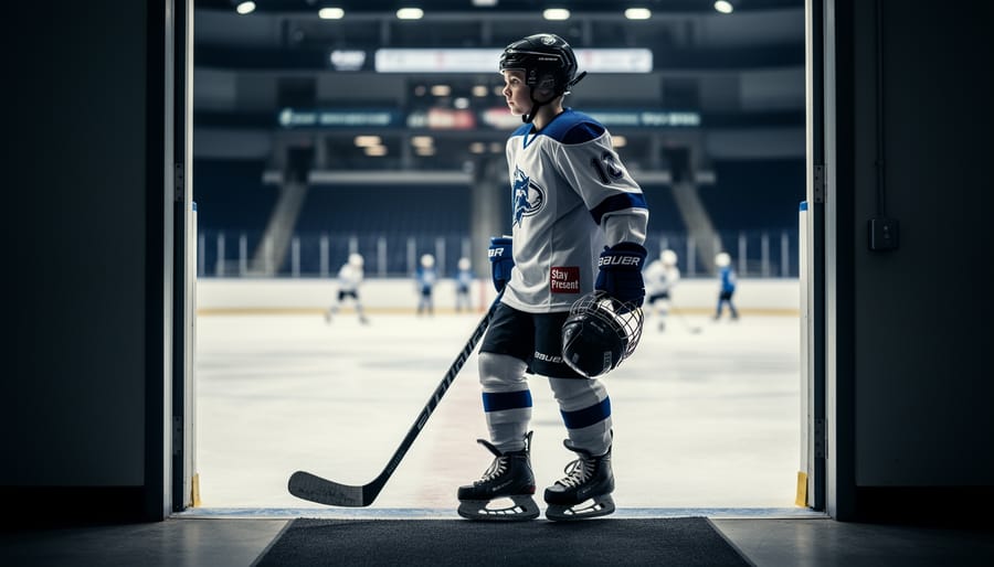 Youth hockey player holding a helmet while standing quietly before entering the ice rink.