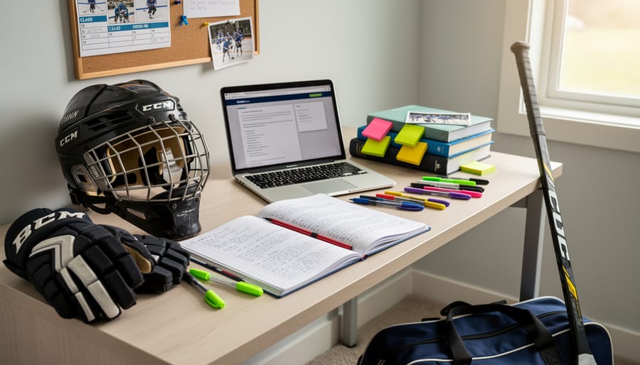 Junior hockey player studying at a kitchen table with a planner while nearby hockey gear rests on the table.