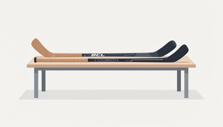 Wooden and composite youth ice hockey sticks placed on a rink bench beside a young player