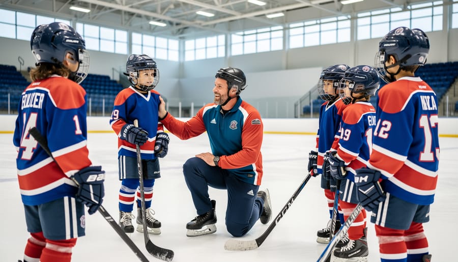 Youth hockey coach speaking with players near the ice while the team listens attentively.