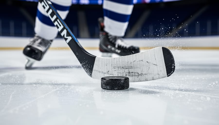 Low-angle view of a youth hockey stick blade hovering above ice near a player’s skates