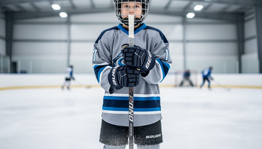 Youth hockey player holding a properly sized hockey stick on an indoor ice rink, with sharp focus on the stick grip and blade.