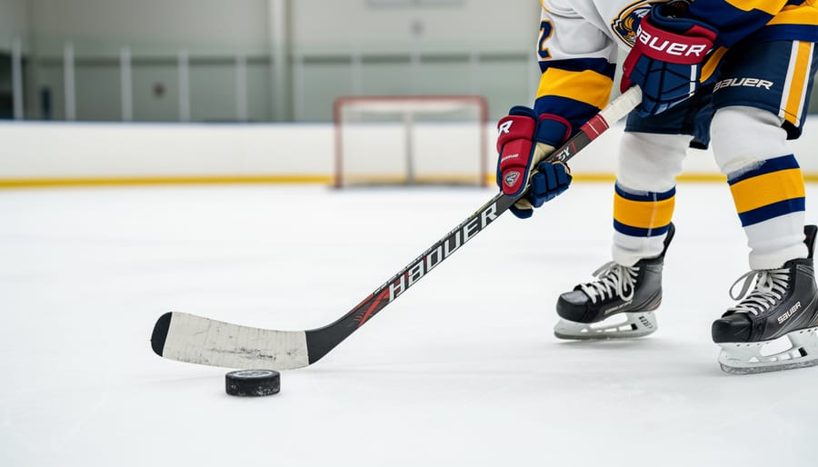 Youth hockey player holding an ice hockey stick on the ice in an indoor rink