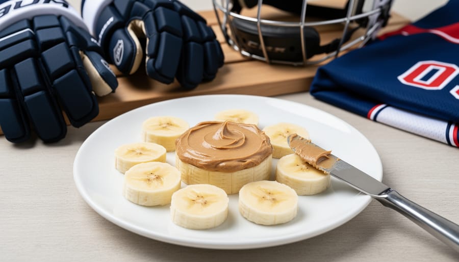 Banana slices with almond or peanut butter beside a reusable snack container