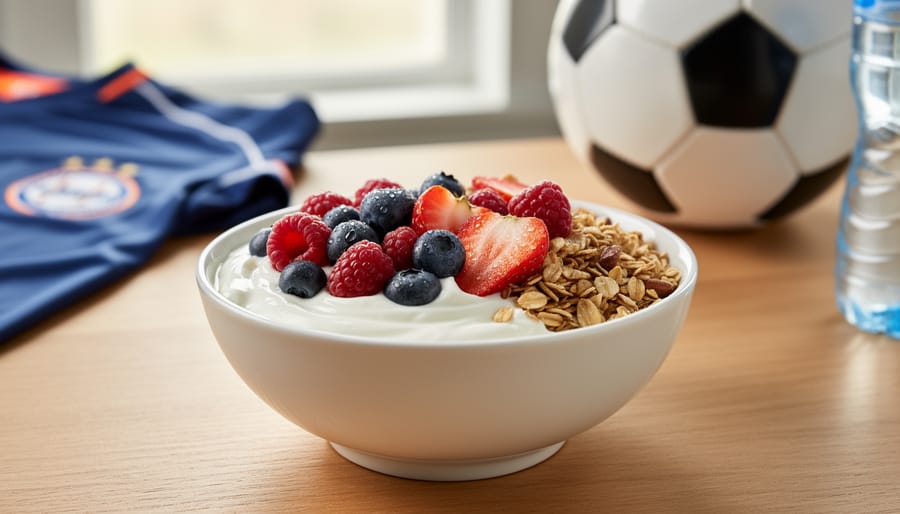 Greek yogurt topped with berries and granola on a table near hockey gear