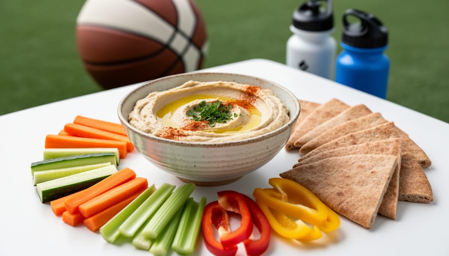 Hummus with colorful veggie sticks and whole wheat pita