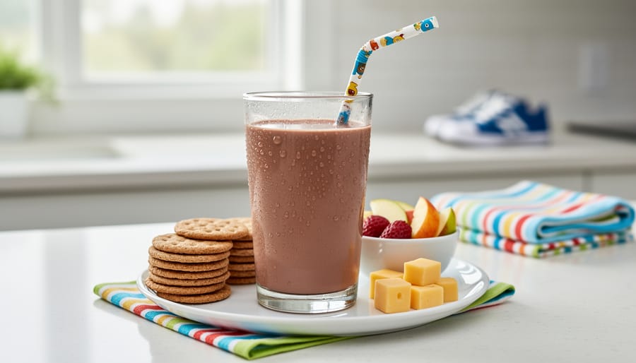 Low-fat chocolate milk in a glass bottle with condensation near hockey gear