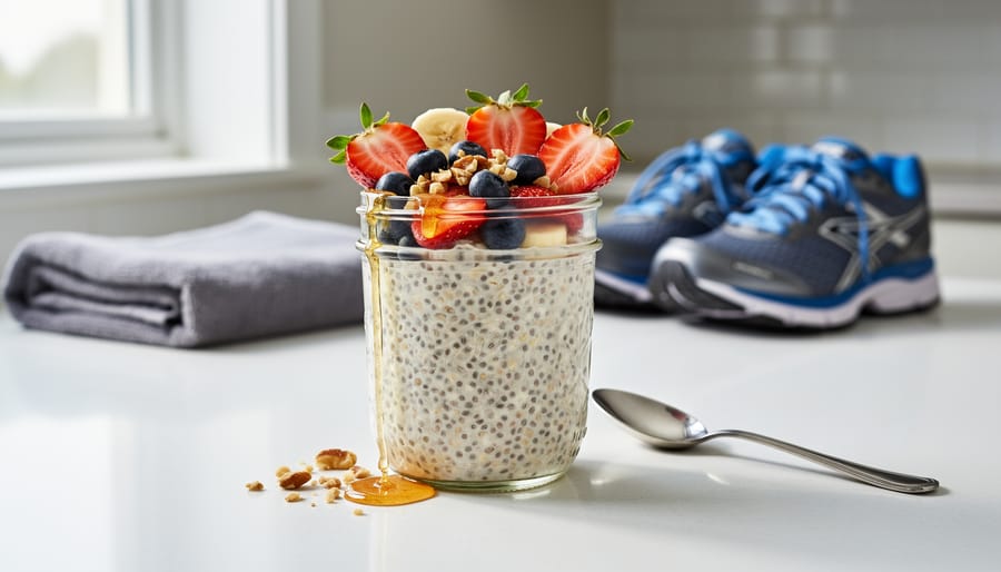 Overnight oats in a jar topped with chia seeds and fruit