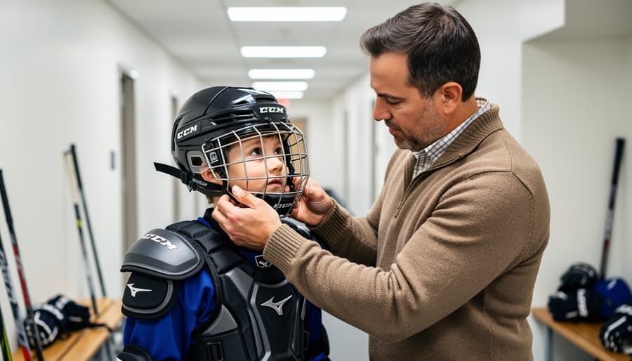 A parent adjusts a youth hockey helmet on a player’s head in a hockey shop before play.